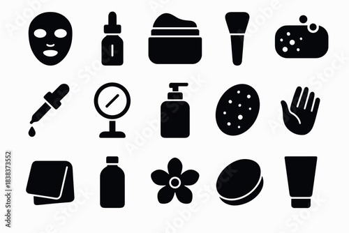 Essential beauty and skincare icons collection in black silhouette style