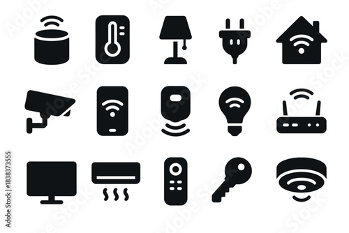 Set of minimalist smart home icons thermostat, lightbulb, camera, and more