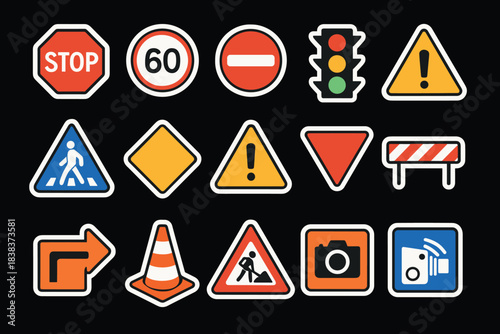 Colorful set of traffic sign icons on black background