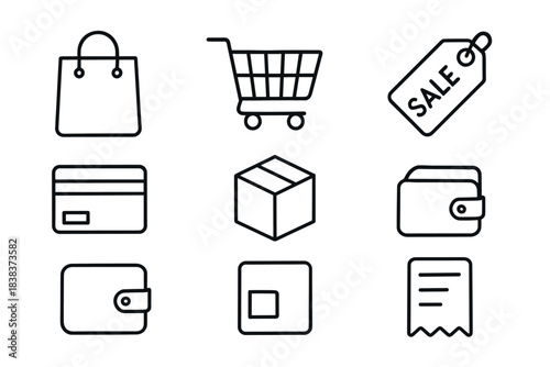 Minimalist shopping icons set featuring bags, carts, and price tags