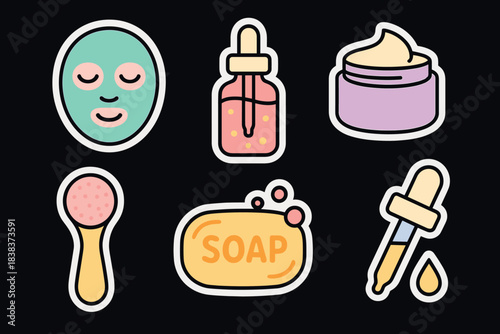 Cute skincare icons set on dark background mask, serum, cream, soap, brush