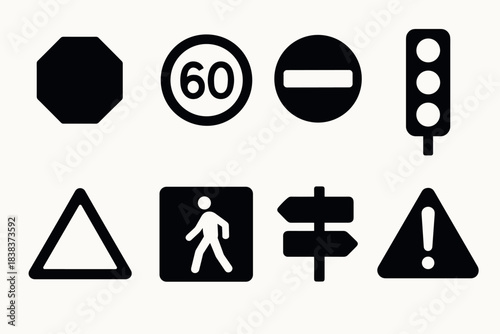 Simple traffic signs collection including speed and direction symbols
