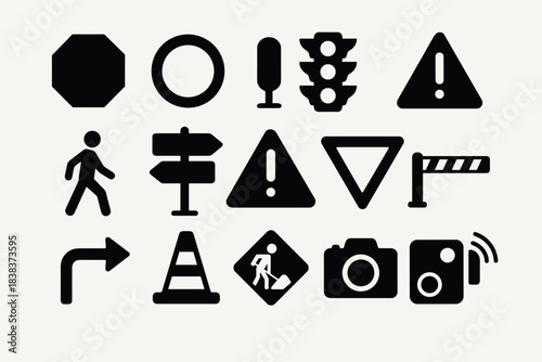 Traffic and road safety icons collection minimal silhouette design