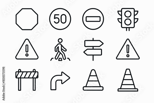 Linear road sign set traffic symbols with warning and directional icons