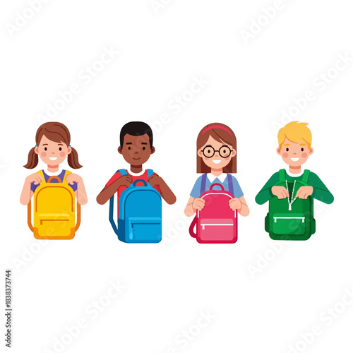 Diverse elementary students getting ready for school with their colorful backpacks in hand