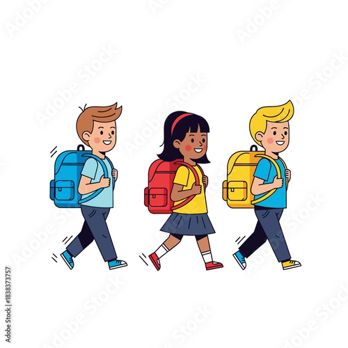 Enthusiastic students returning to learning with colorful backpacks and hopeful expressions