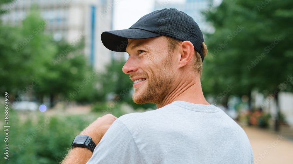 Obraz premium Man in cap smiling outdoors in city park.