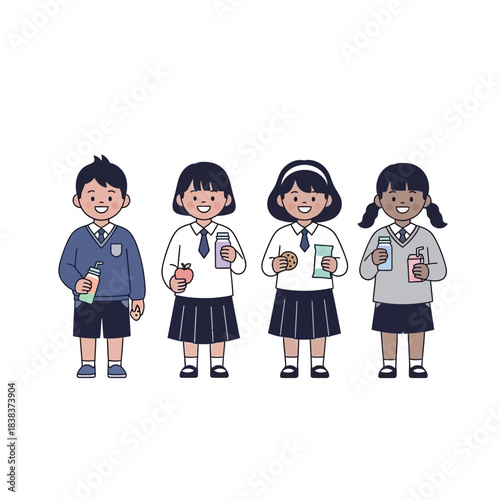 Diverse group of students in school uniforms having refreshments during their break time