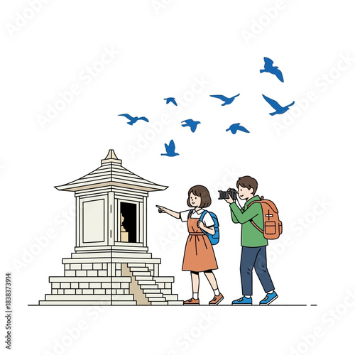 Whimsical journey: A couple explores ancient temple with soaring birds in clean illustration