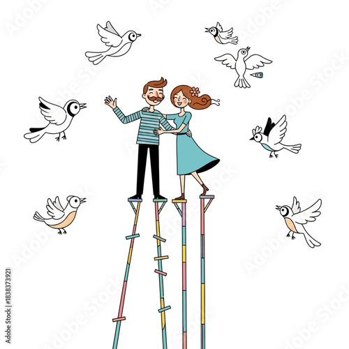 Stylized illustration of a couple on stilts surrounded by whimsical flying birds in an airy