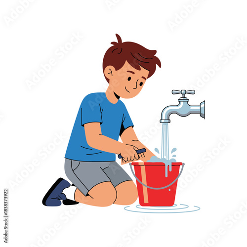 Boy at the tap illustrates water usage and handwashing habits in child development context