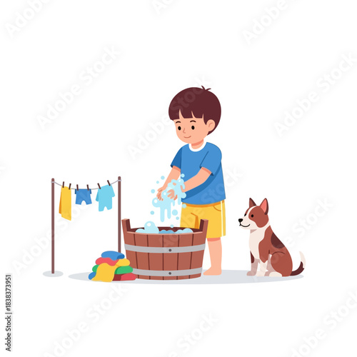 A boy joyfully handwashing clothes in a wooden tub accompanied by his loyal dog companion