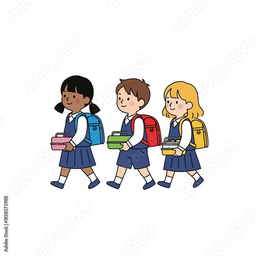 Illustration depicting diverse school children walking together ready for education in a bright