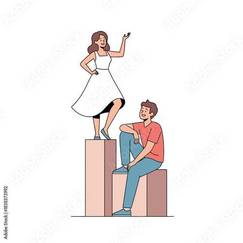Conceptual artwork depicting woman rising above challenges with supportive companion beside her