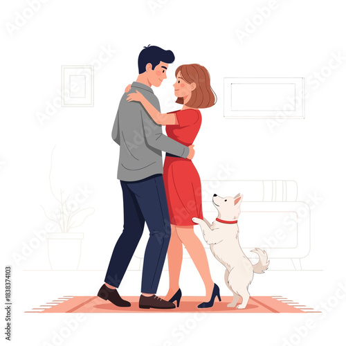 A romantic moment of connection: Couple dancing gracefully with playful dog in their cozy home