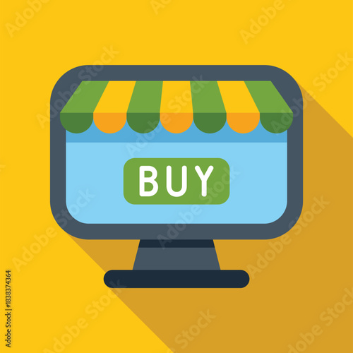Computer screen showing a store awning and 'buy' button for e commerce
