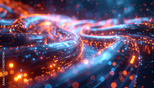 Technological Threads: An abstract representation of flowing data or digital energy, with luminous threads weaving across a dark backdrop.