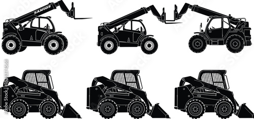 Heavy construction vehicles silhouettes with loader and telehandler equipment, industrial machinery illustration for building, earthmoving, loading, lifting and construction work