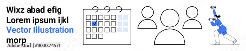 Teamwork, event organization, scheduling, project management, remote collaboration, and planning. Calendar with a marked date, user icons and a person exploring with binoculars. Teamwork