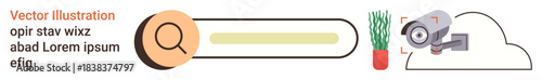 Web search, data visualization, online privacy, cloud computing, cybersecurity, surveillance. Magnifying glass, search bar cloud security camera potted plant. Online privacy and cybersecurity