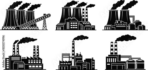 Industrial factory and power plant silhouette icons with chimneys, smoke, pollution, refinery buildings, manufacturing industry structures for energy production illustration