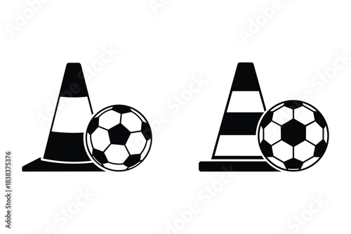 soccer ball and training cone icons black silhouette vector set