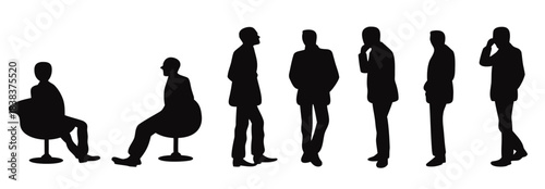 Silhouettes of men, executives standing and sitting, set of workers in different angles in editable vector