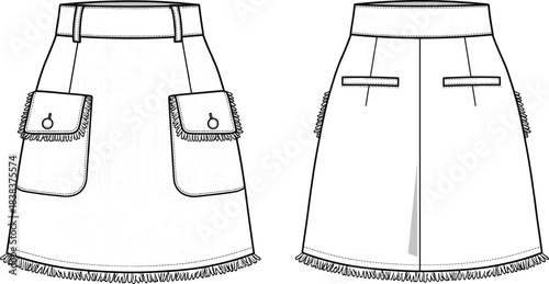 Technical flat sketch of skirt with fringe flap pockets, belt loops, center pleat back, front and back views, garment construction