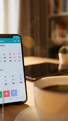 Smartphone displaying a calendar with Work-Life Balance highlighted next to a warm cup of coffee on a wooden table a concept for productivity and well-being