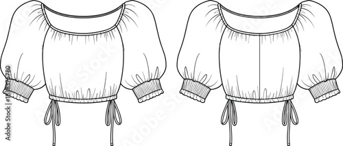 Technical Fashion Sketch of a Cropped Blouse with Puff Sleeves, Square Neckline, and Tie-Front Hem Detail, Perfect for Garment Production and Apparel Design Templates.
