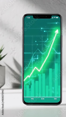 Smartphone displaying a vibrant green upward trending graph representing financial growth investment success and positive business performance with a modern aesthetic