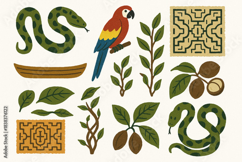 Peruvian Amazon icon set flat vector illustration with rainforest motifs in clean grid layout