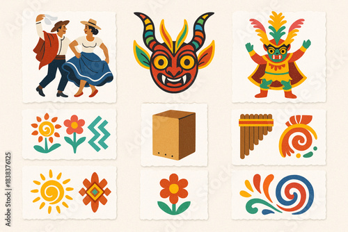 Peruvian folklore icon set flat vector illustration with traditional motifs in clean grid layout