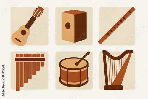Peruvian musical instrument icon set flat vector illustration with traditional motifs in clean grid layout