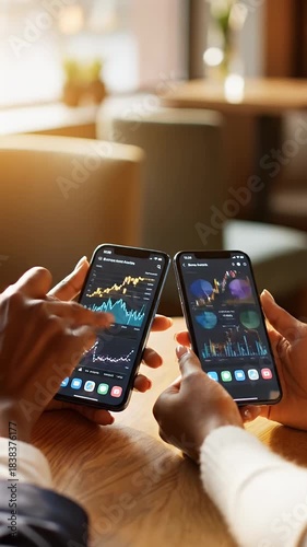 Two business professionals review financial data and investment performance on their smartphones during a meeting in a dimly lit cafe setting