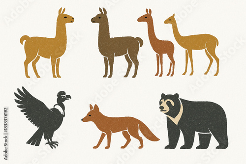 Andean animal icon set flat vector illustration with traditional motifs in clean grid layout