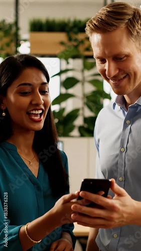 Two business professionals review data analytics and performance metrics on a smartphone screen during a collaborative meeting in a modern office setting