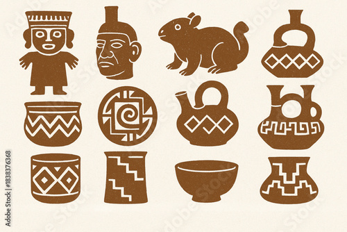 Pre-Columbian Peruvian pottery icon set flat vector illustration with traditional motifs in clean grid layout