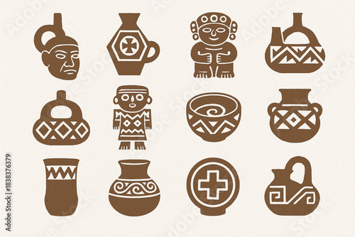 Pre-Columbian Peruvian pottery icon set flat vector illustration with traditional motifs in clean grid layout