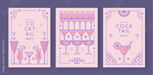 Set of line art retro cocktail party posters with cocktail and champagne glasses. Holiday frames. Vector illustration