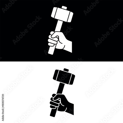 Black silhouette of a hand holding a wooden mallet isolated on Black & white background