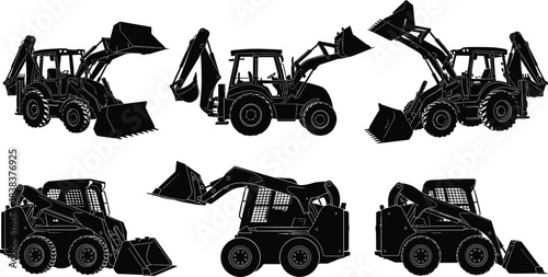 Silhouette construction loaders and backhoe machines, heavy equipment vehicles, industrial earthmoving machinery icons, digging and lifting tools for building and road construction.