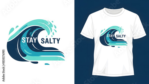 Fototapeta Naklejka Na Ścianę i Meble -  Cool wave graphic with stay salty slogan on white t shirt mockup