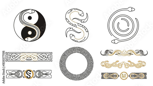 Collection of black and white snake zodiac symbols and decorative oriental art elements for design