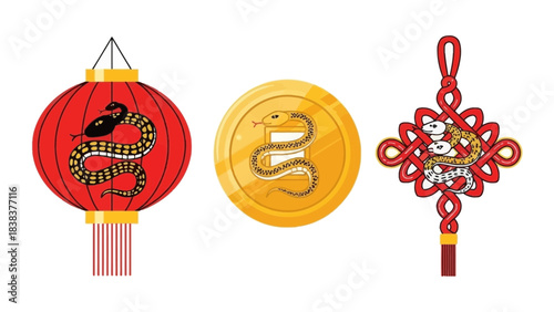 Chinese zodiac snake symbols featuring a red lantern gold coin and decorative lucky knot ornament