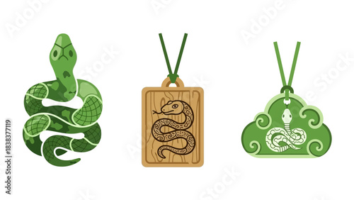 Three distinct green snake designs featuring a coiled reptile and two unique hanging amulets