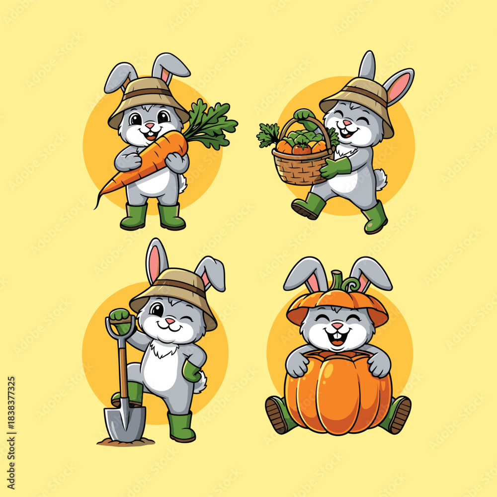 Naklejka premium Cute cartoon farmer rabbit holding big carrot harvest on yellow background