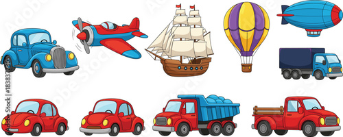 Cartoon transportation vector set with cars trucks airplane ship hot air balloon and airship for kids design