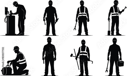 Silhouette industrial workers with tools and safety helmets, construction labor teamwork, factory technician engineering poses, professional workforce illustration set