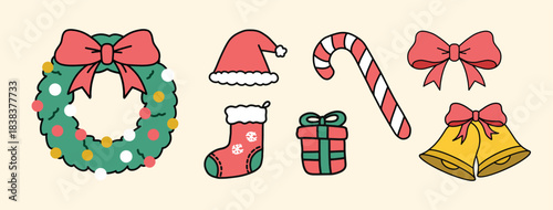 Christmas Doodle Elements Vector Set - Wreath, Bells, Stocking, Candy Cane, santa hat, gift box, and ribbon